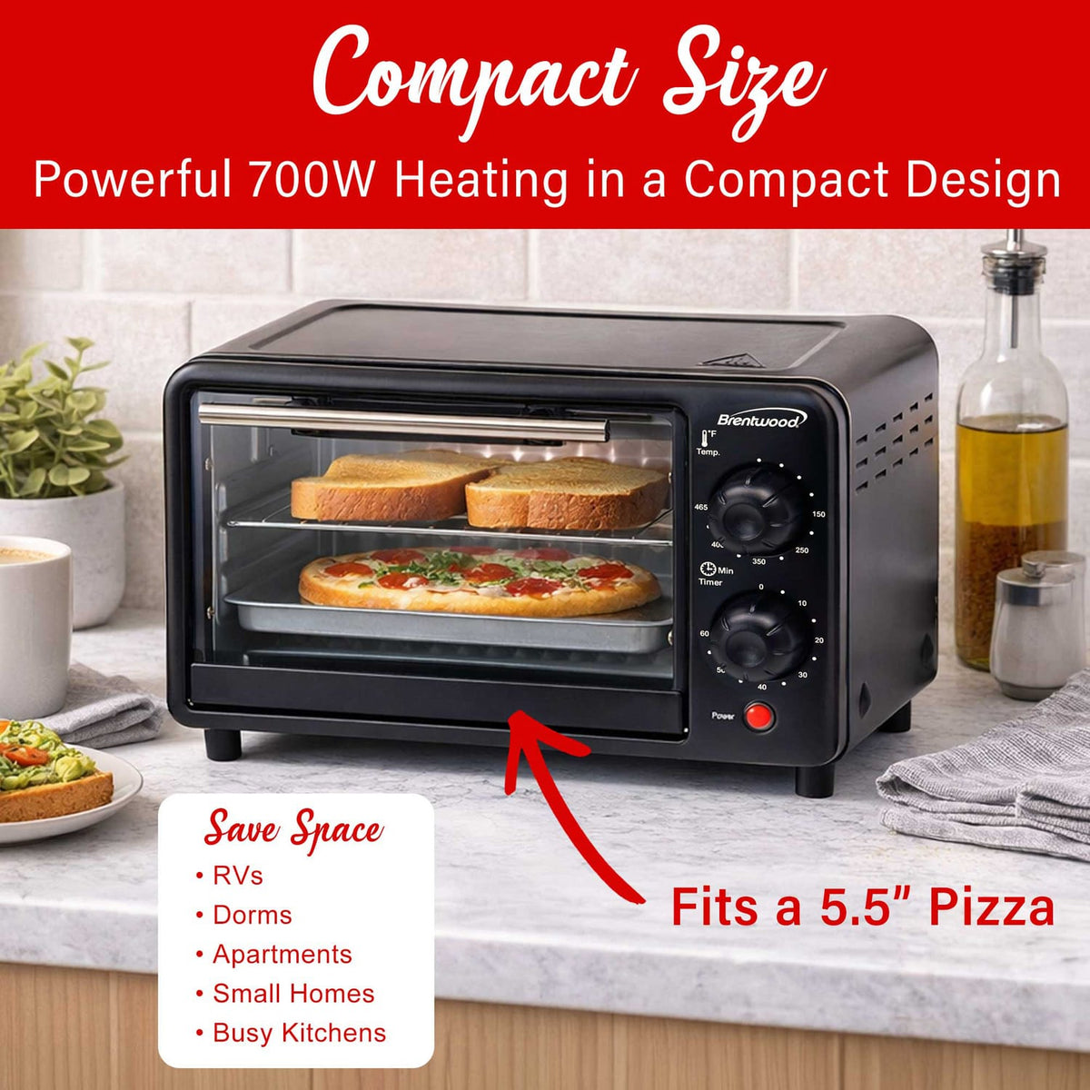 Brentwood 2-Slice 700-Watt Countertop Toaster Oven