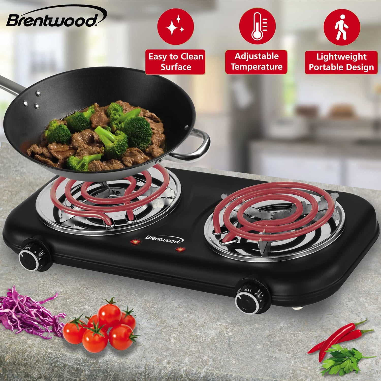 Brentwood Double-Coiled 1100-Watt Countertop Electric Burner with Temperature Control and Power Indicator Light, Black