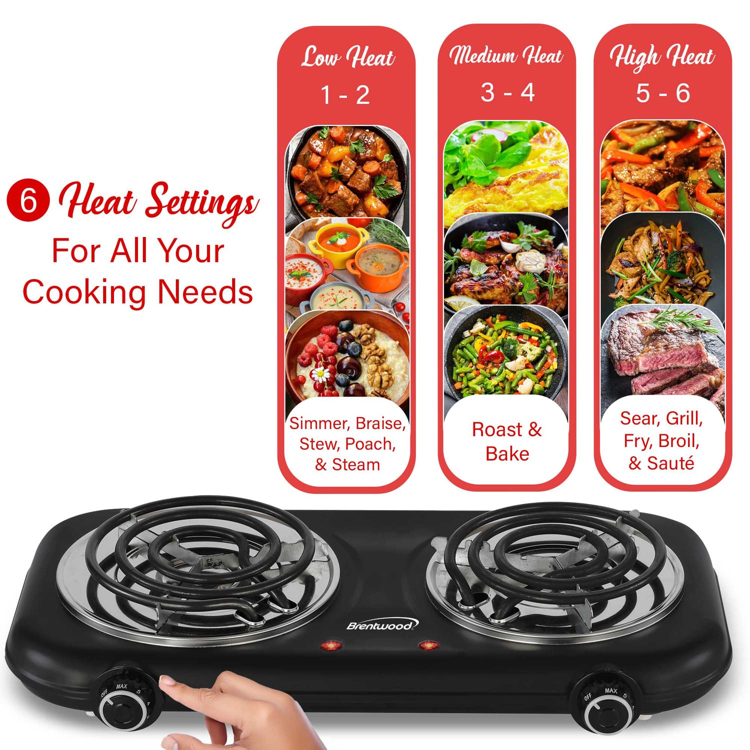 Brentwood Double-Coiled 1100-Watt Countertop Electric Burner with Temperature Control and Power Indicator Light, Black