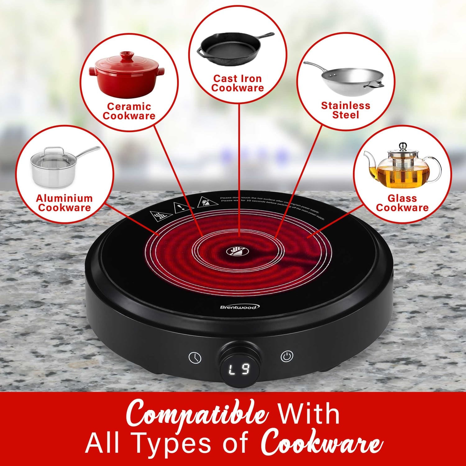 Brentwood Select 1300-Watt 10-In. Countertop Ceramic Glass Cooktop Surface with Single 8-In. Infrared Burner, Black
