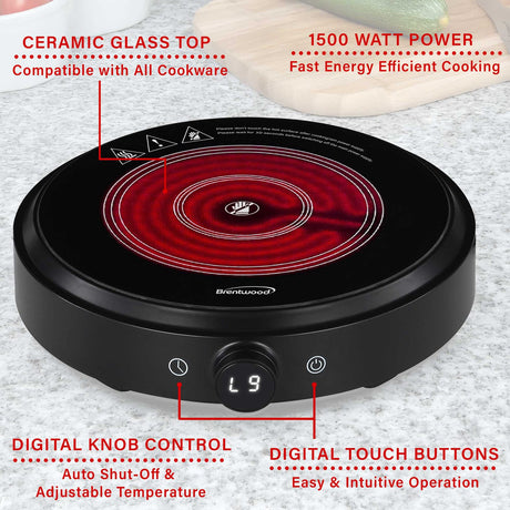 Brentwood Select 1300-Watt 10-In. Countertop Ceramic Glass Cooktop Surface with Single 8-In. Infrared Burner, Black