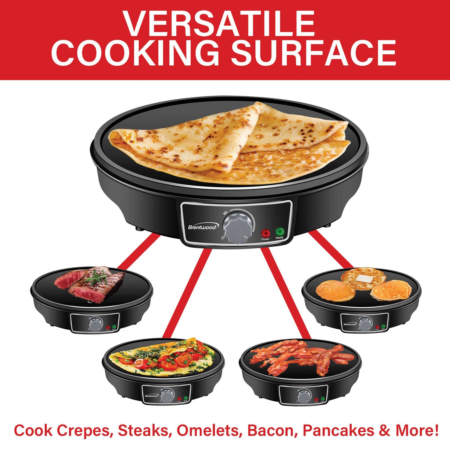 Brentwood 1000-Watt 12-In. Electric Nonstick Crepe Pancake Maker and Griddle with Spatula and Spreader