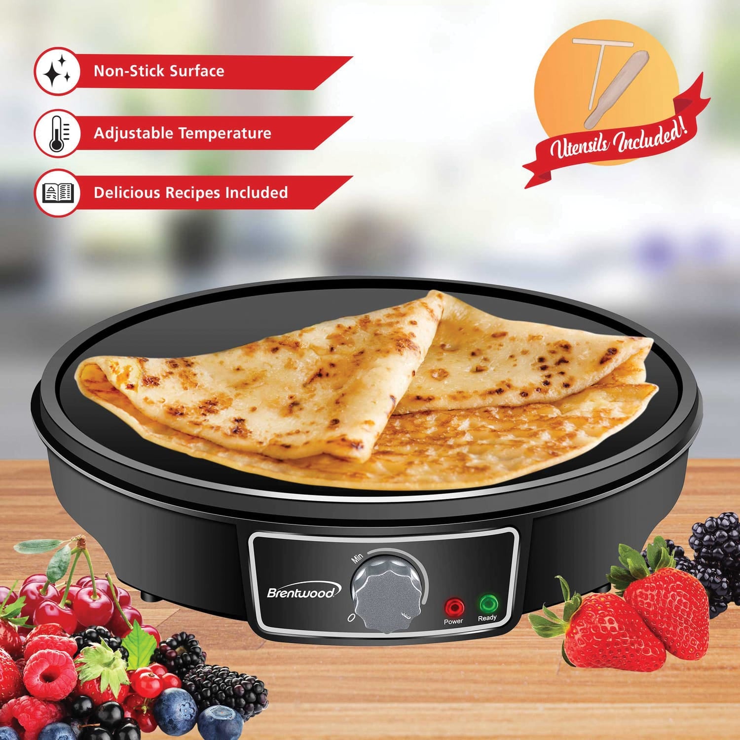 Brentwood 1000-Watt 12-In. Electric Nonstick Crepe Pancake Maker and Griddle with Spatula and Spreader