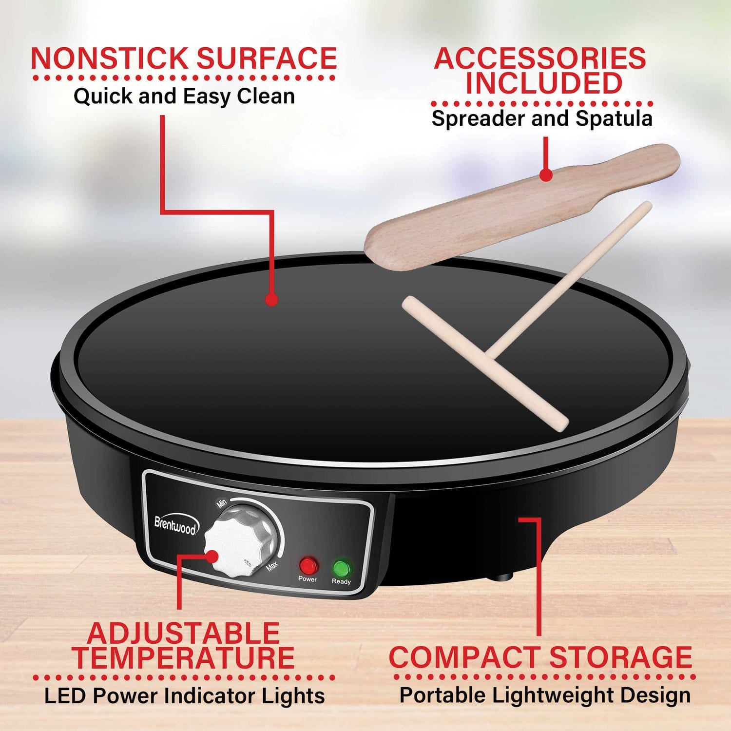 Brentwood 1000-Watt 12-In. Electric Nonstick Crepe Pancake Maker and Griddle with Spatula and Spreader
