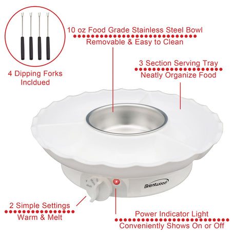 Brentwood 25-Watt Electric Fondue Pot Set with 3-Section Tray and 4 Dipping Forks, White