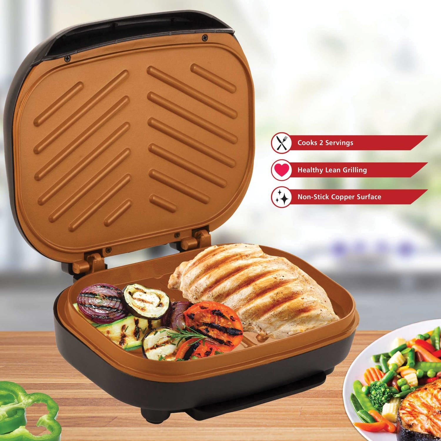 Brentwood 2-Serving Nonstick 750-Watt Indoor Electric Copper Grill and Panini Press