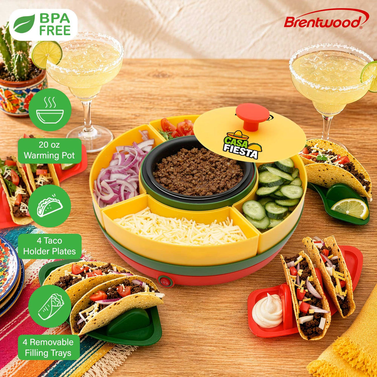 Brentwood Heated Taco Bar Serving Set, 4 Taco Holders, 20-Oz. Warming Pot, 6 Filling Trays, and Spinning Lazy Susan for Sharing