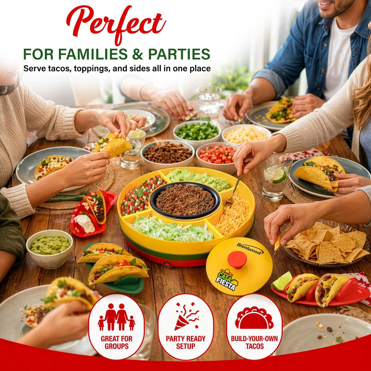 Brentwood Heated Taco Bar Serving Set, 4 Taco Holders, 20-Oz. Warming Pot, 6 Filling Trays, and Spinning Lazy Susan for Sharing