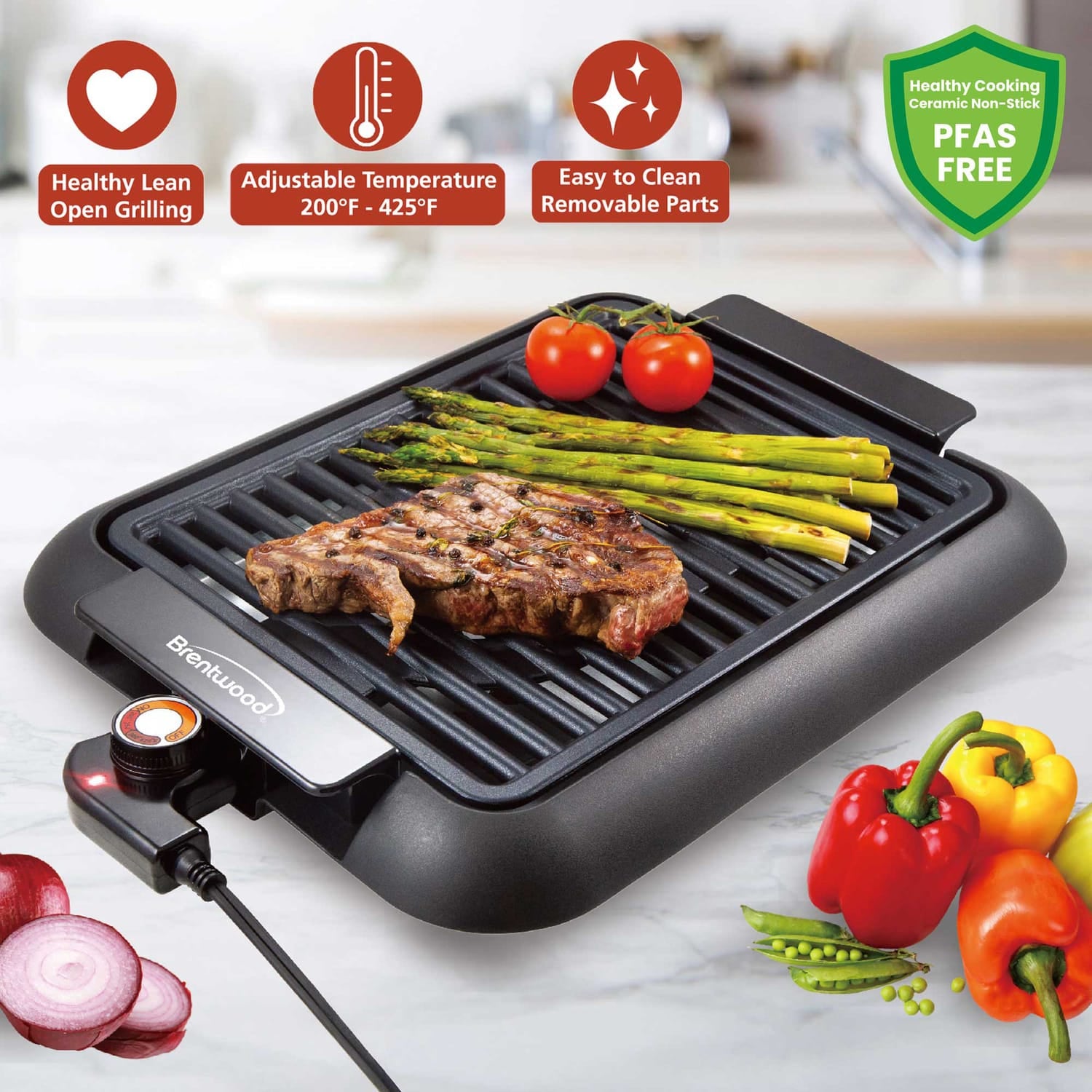 Brentwood 1200-Watt 12.6-In. x 10-In. Electric Smokeless Indoor Grill with Ceramic Nonstick Surface, Black