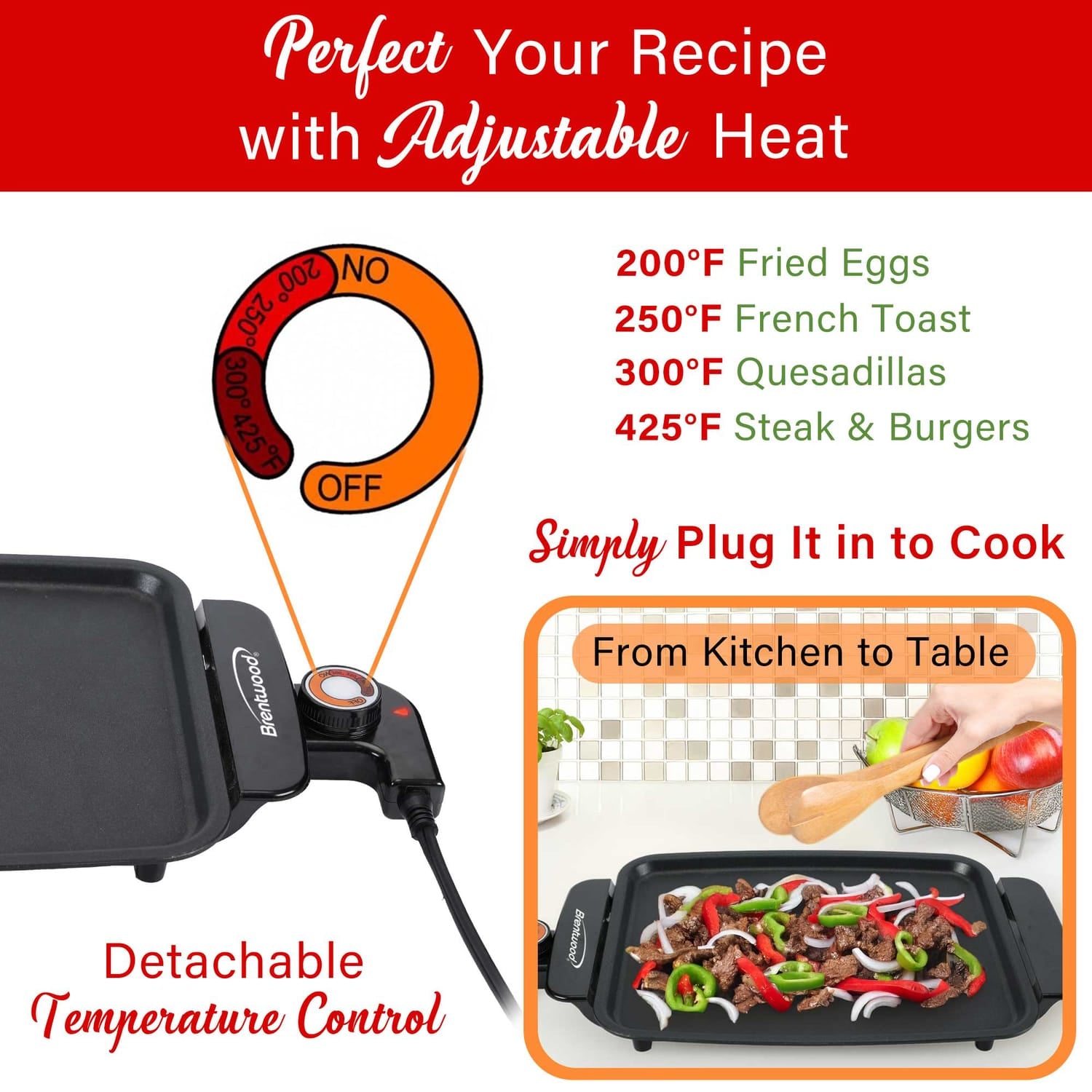 Brentwood 12-In. x 10-In. 1200-Watt Electric Griddle with Ceramic Non-Stick Coating, Black