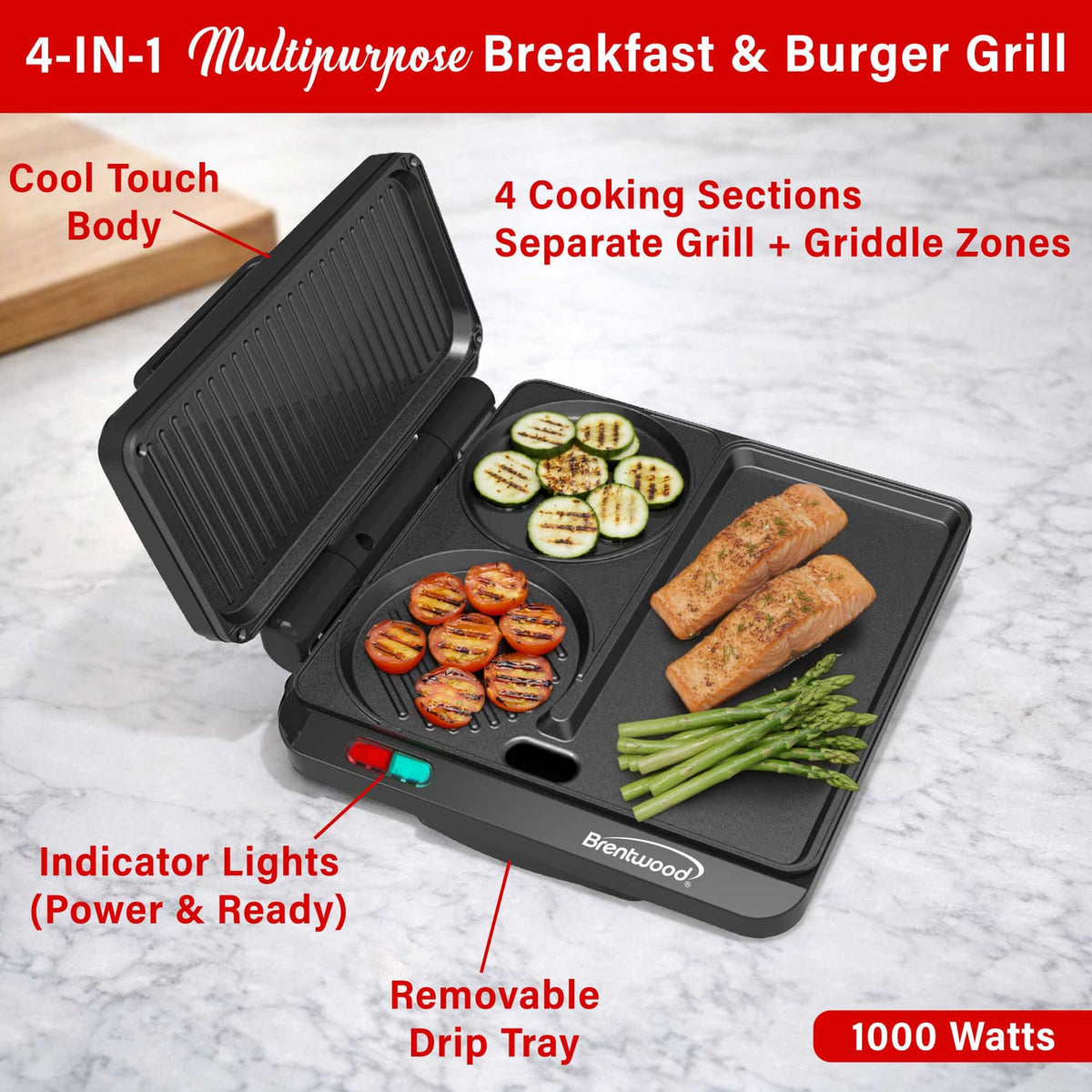 Brentwood 1000-Watt Multipurpose Sandwich Maker and Hamburger Grill with Burger Press, Ceramic Nonstick Surface, and Cool-Touch Housing