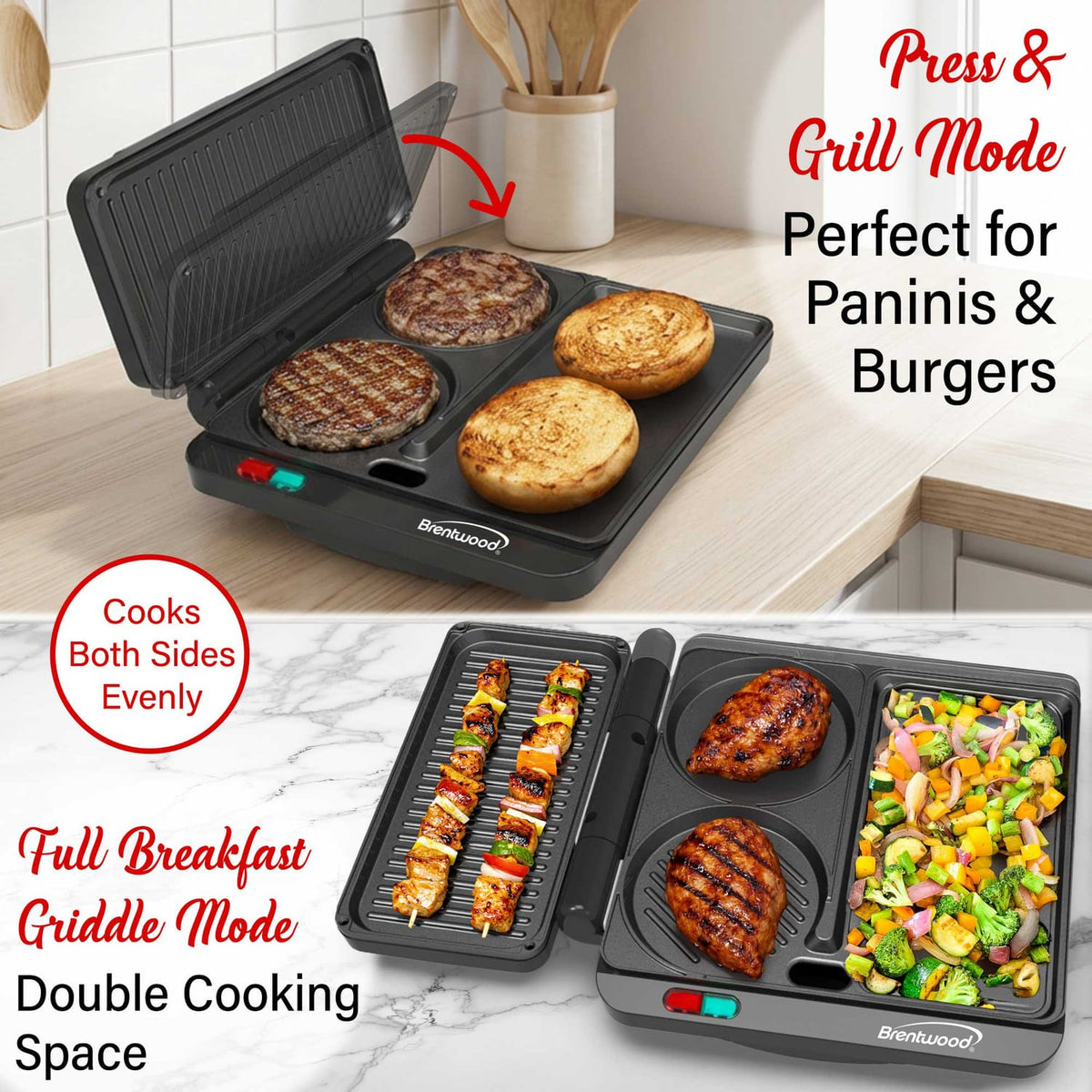 Brentwood 1000-Watt Multipurpose Sandwich Maker and Hamburger Grill with Burger Press, Ceramic Nonstick Surface, and Cool-Touch Housing