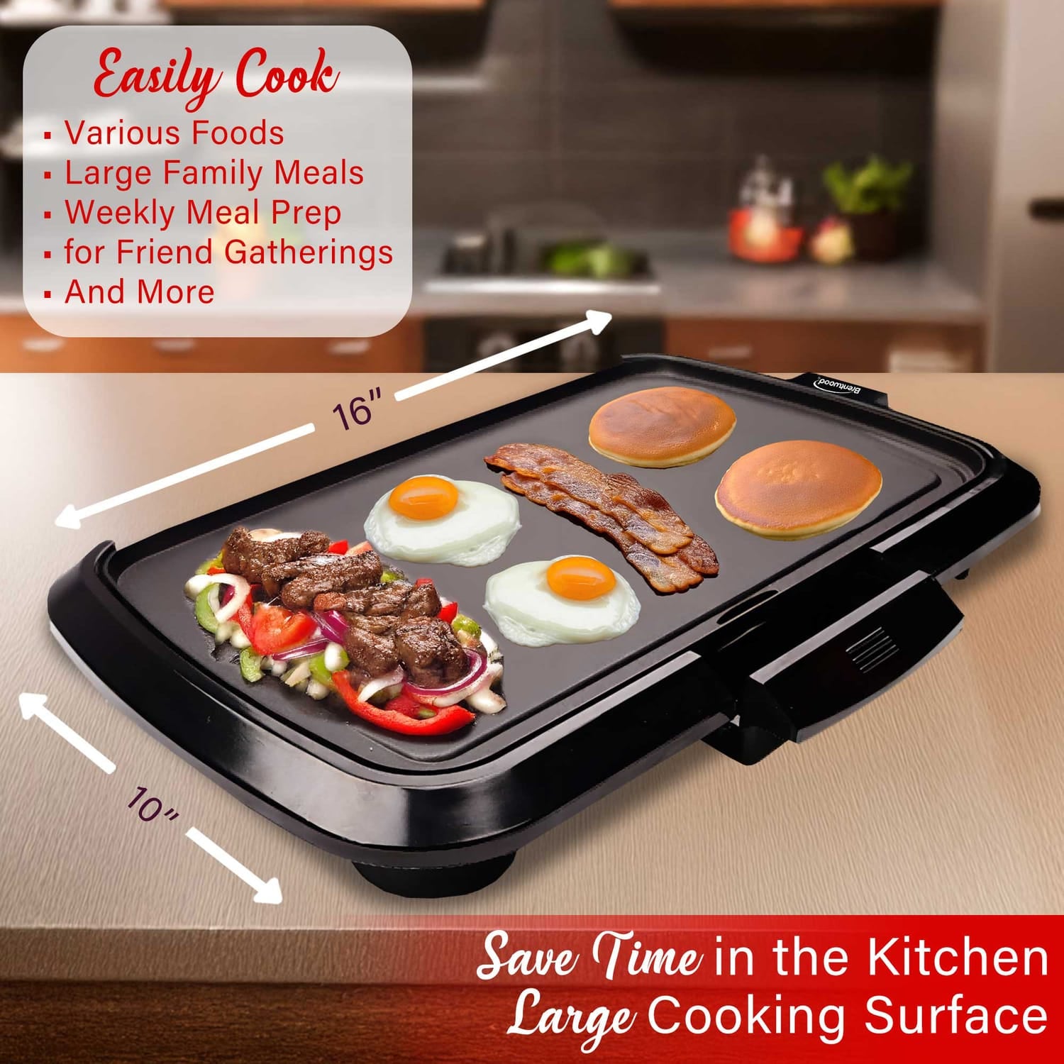Brentwood TS-821 1200-Watt Non-Stick Electric Griddle with Drip Tray, Adjustable Temperature, and Cool-Touch Handles, 16 In. x 10 In., Black