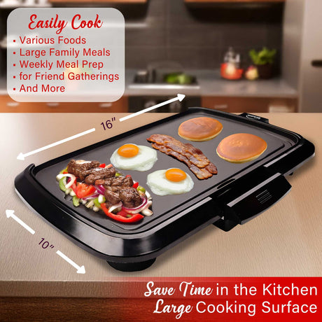 Brentwood TS-821 1200-Watt Non-Stick Electric Griddle with Drip Tray, Adjustable Temperature, and Cool-Touch Handles, 16 In. x 10 In., Black