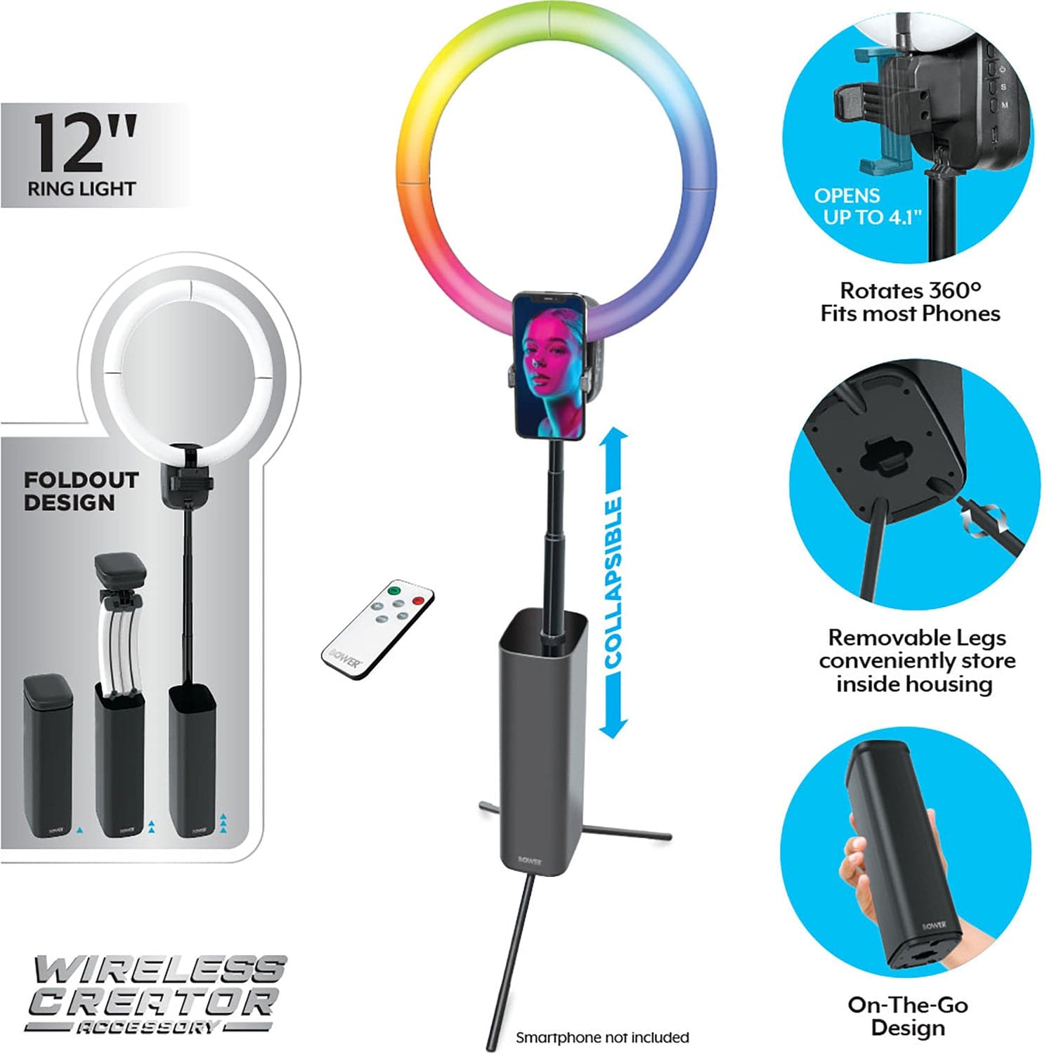 Bower Wireless Creator Collapsible 12-In. White and RGB Ring Light, Black