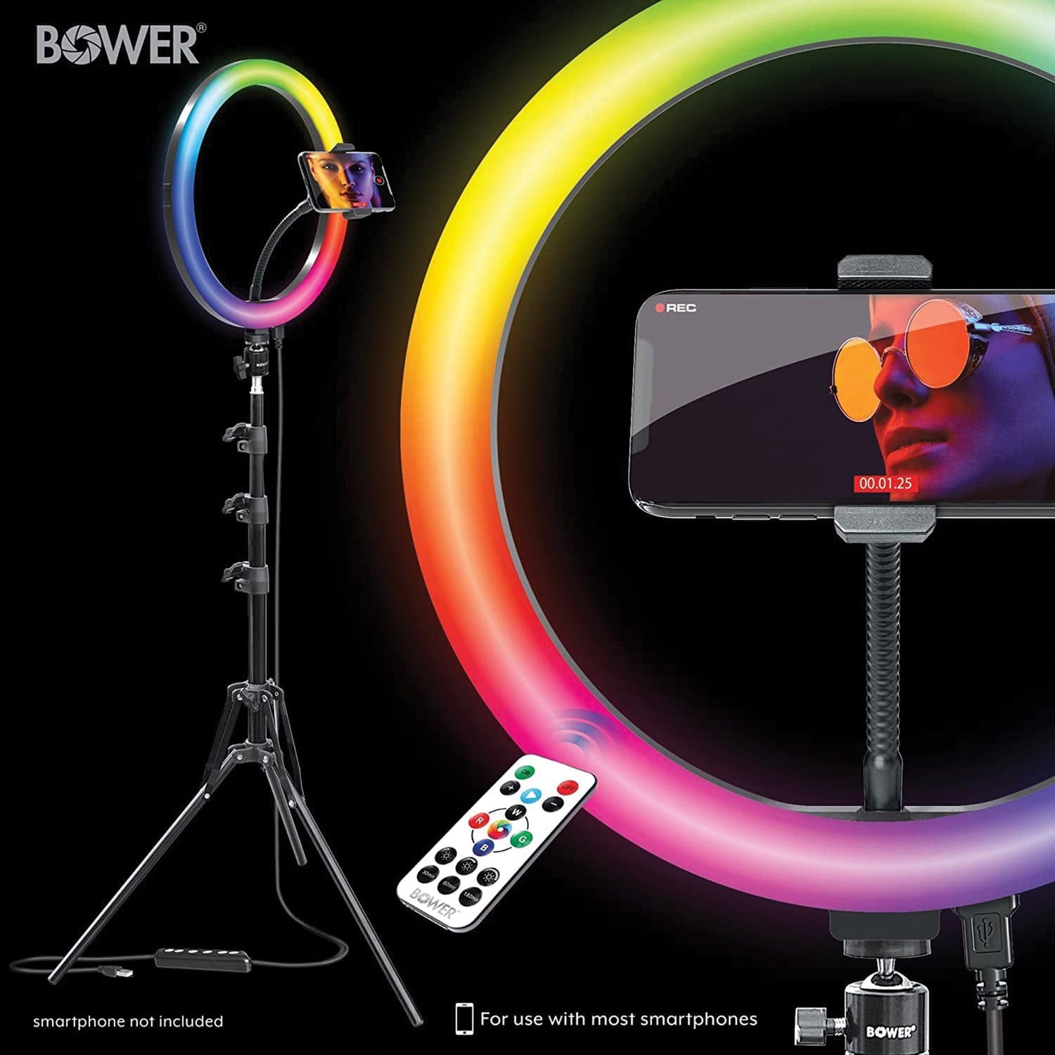 Bower RGB Selfie Ring Light Studio Kit with Wireless Remote Control and Tripod, 12 In.