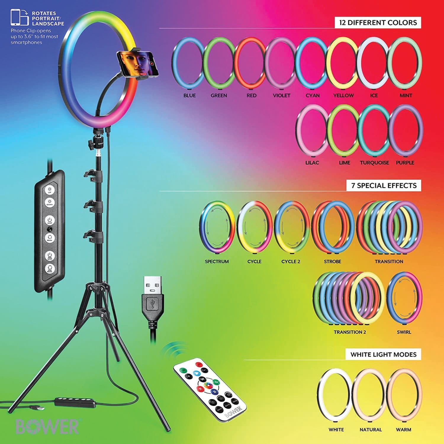 Bower RGB Selfie Ring Light Studio Kit with Wireless Remote Control and Tripod, 12 In.
