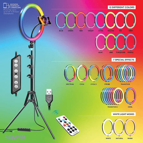 Bower RGB Selfie Ring Light Studio Kit with Wireless Remote Control and Tripod, 12 In.