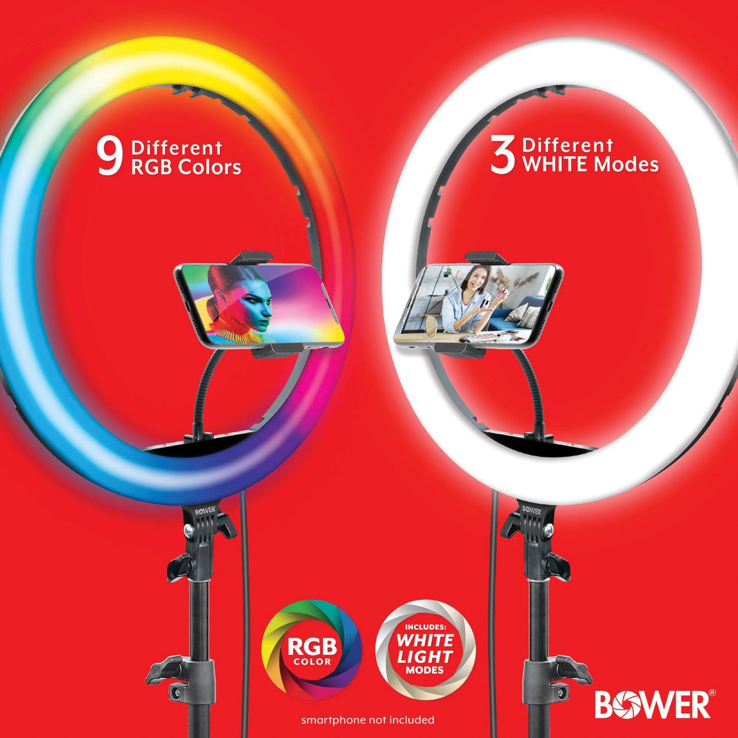 Bower RGB Selfie Ring Light Studio Kit with Wireless Remote Control and Tripod, 16 In.