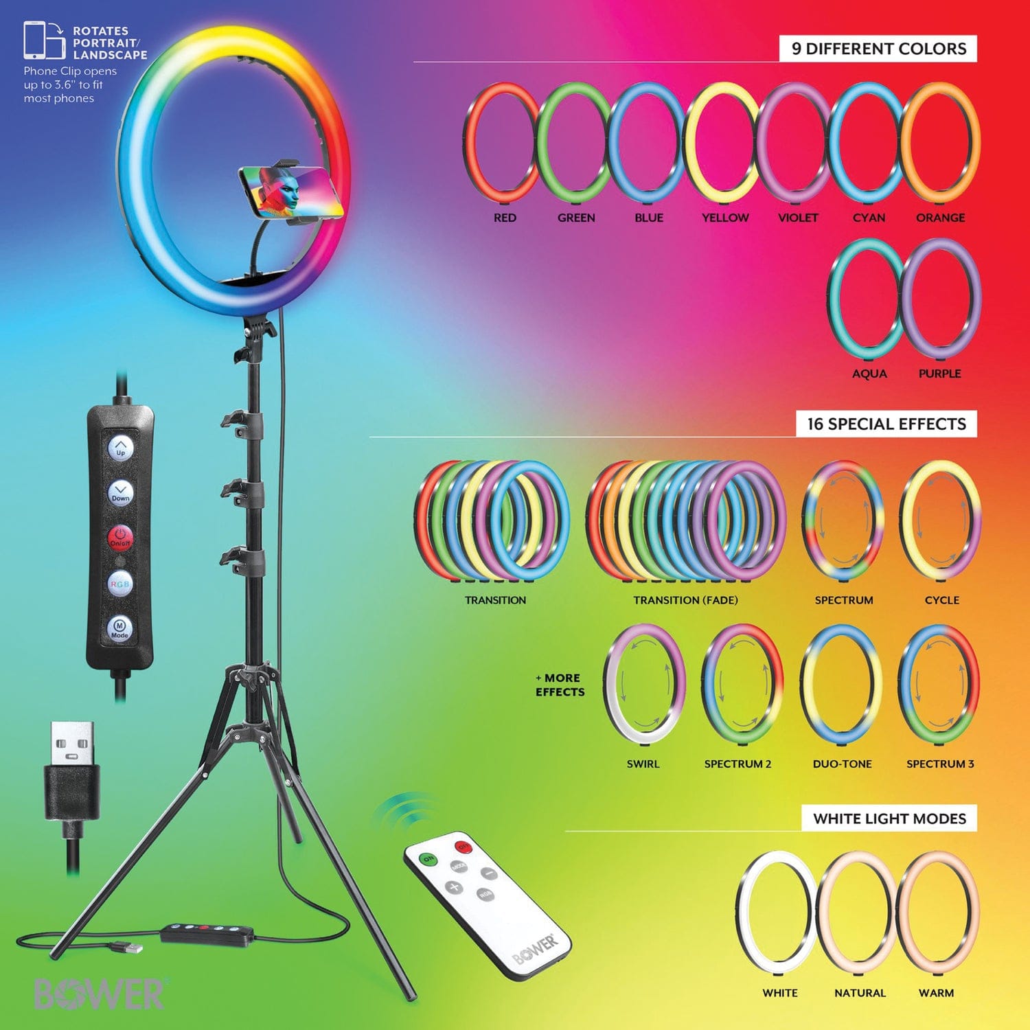 Bower RGB Selfie Ring Light Studio Kit with Wireless Remote Control and Tripod, 16 In.