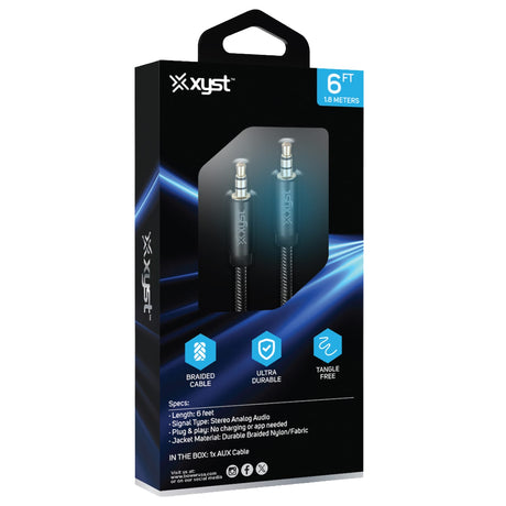 XYST 3.5-mm Aux Stereo Audio Cable with Braided Nylon Jacket, 6 Ft., Male-to-Male Audio Input Adapter