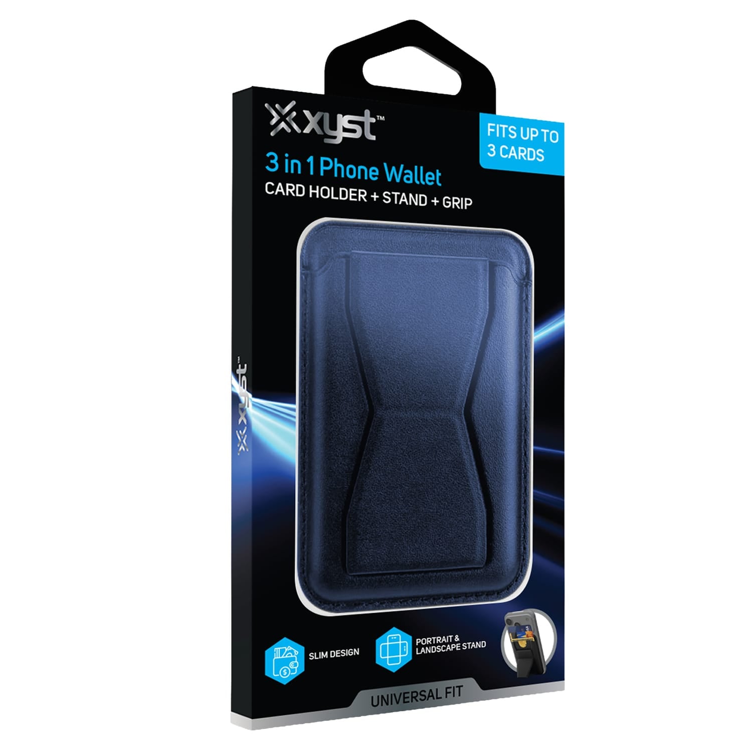 XYST 3-in-1 Phone Wallet with Adhesive Card Holder, Stand, and Grip, Navy Blue