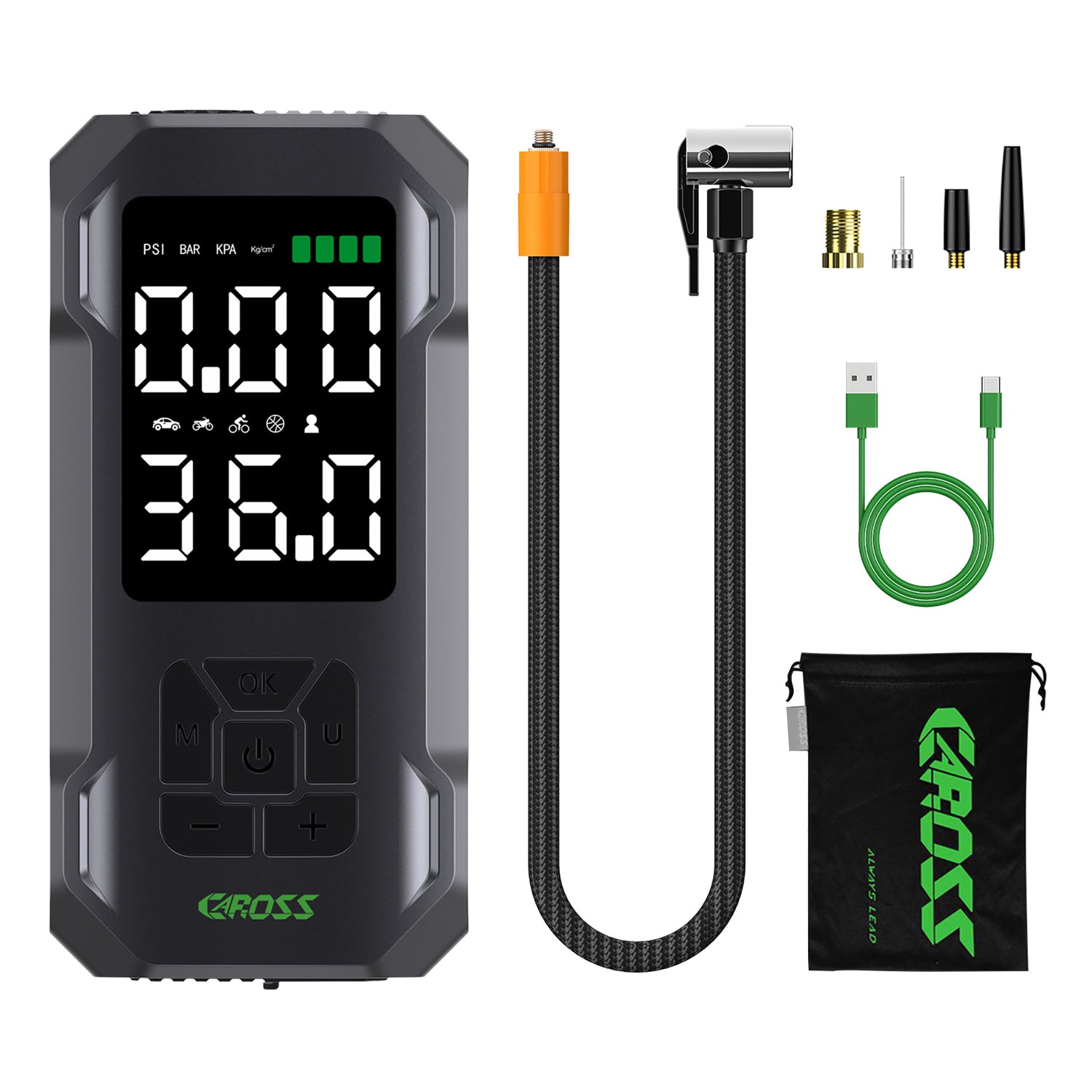 CAROSS Q15 Combo 150-PSI Portable Air Compressor and 7500-mAh Portable Power Bank with Digital Display, LED Light, Adapter Nozzles, and Cloth Bag