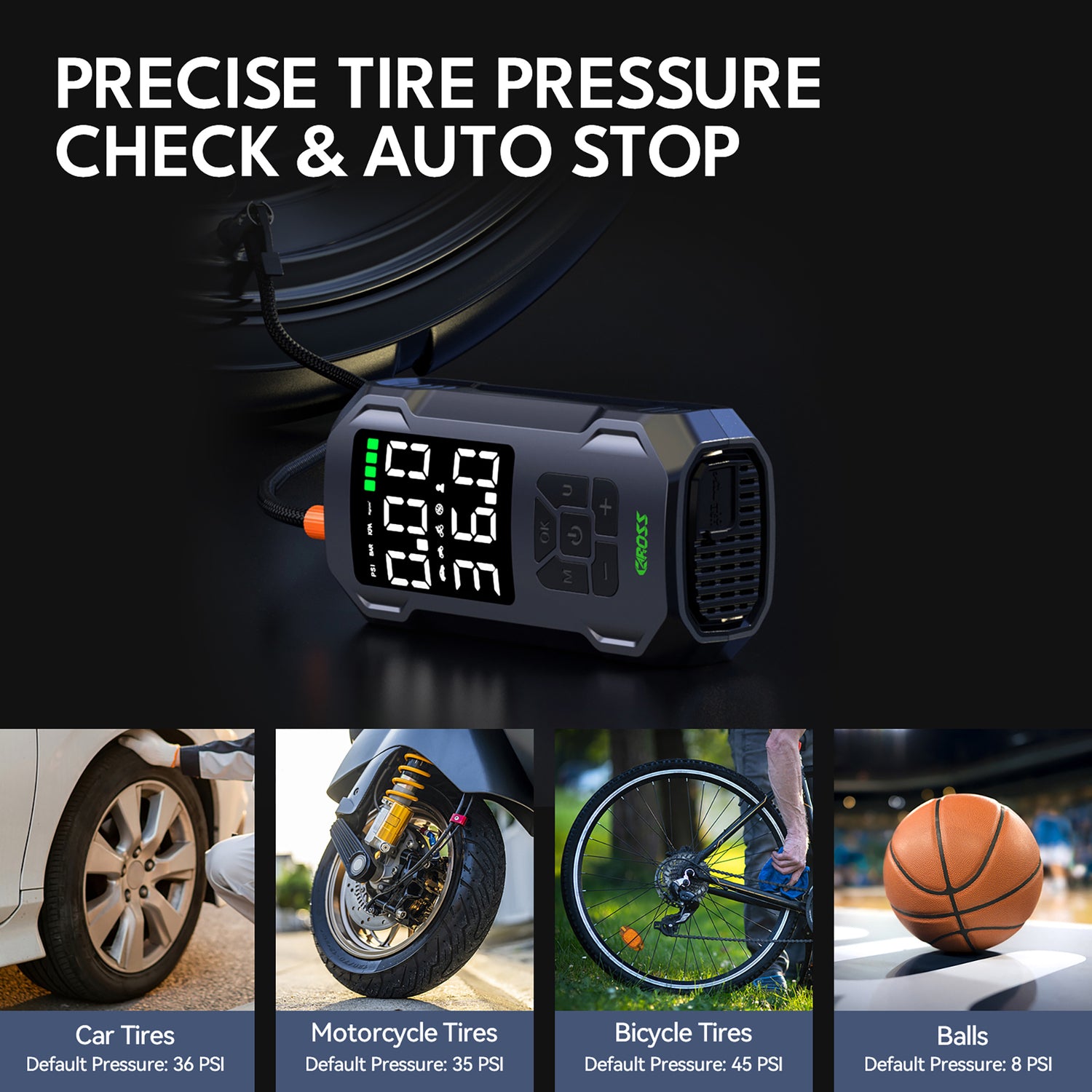 CAROSS Q15 Combo 150-PSI Portable Air Compressor and 7500-mAh Portable Power Bank with Digital Display, LED Light, Adapter Nozzles, and Cloth Bag