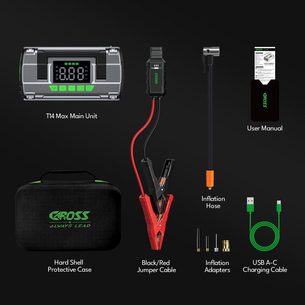 CAROSS T14 Max Portable Car Jump Starter with 150-PSI Air Compressor and USB Power Bank with 2000-Amp Peak, Heavy-Duty Clamps, and QC Fast Charger