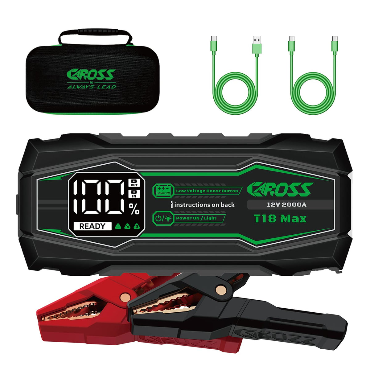 CAROSS T18 Max Portable Car Jump Starter and USB Power Bank with 2000-Amp Peak, Heavy-Duty Clamps, Boost, LED Light, and QC Fast Charger