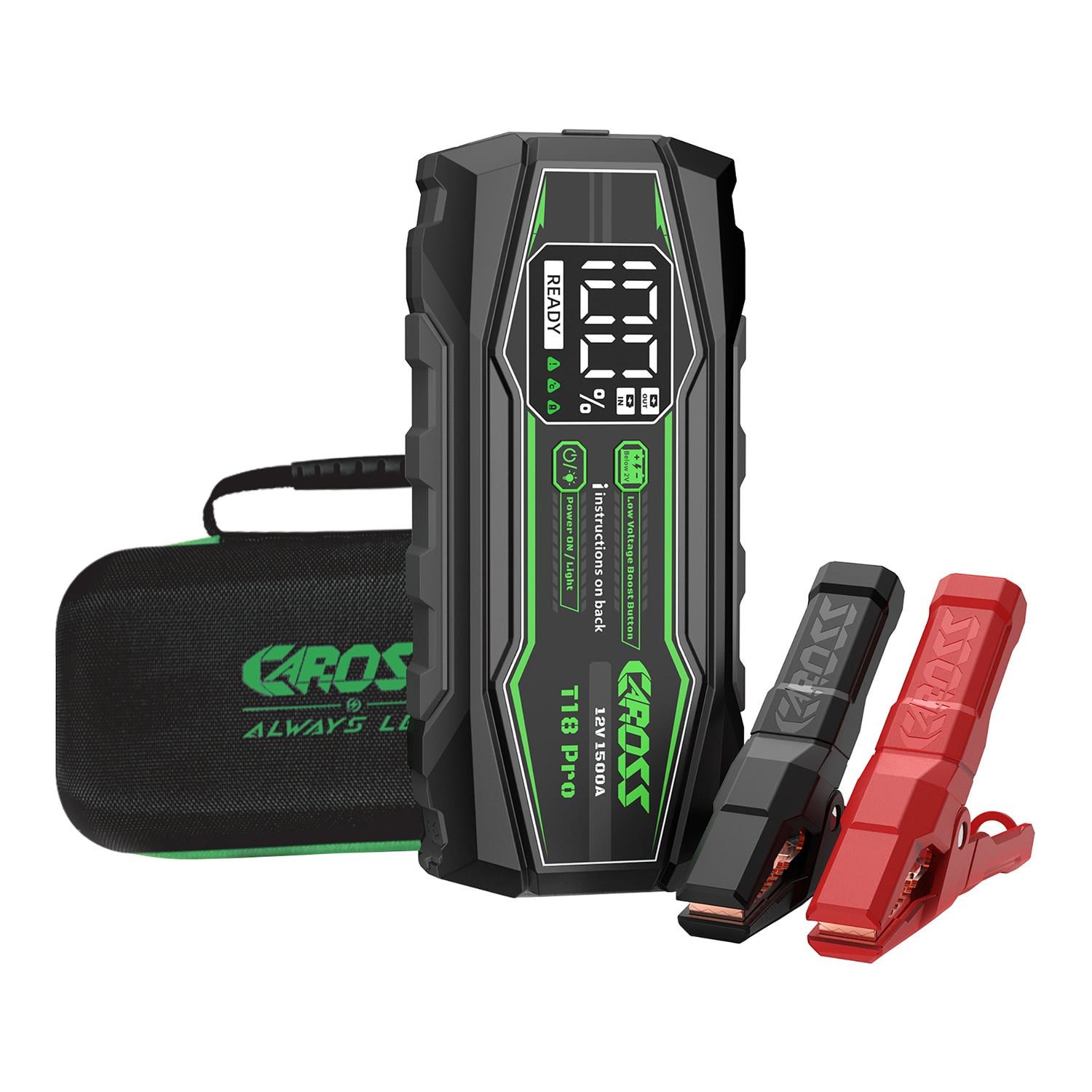 CAROSS T18 Pro Portable Car Jump Starter and USB Power Bank with 1500-Amp Peak, Advanced Protection Jumper Clamps, LED Light, and QC Fast Charger