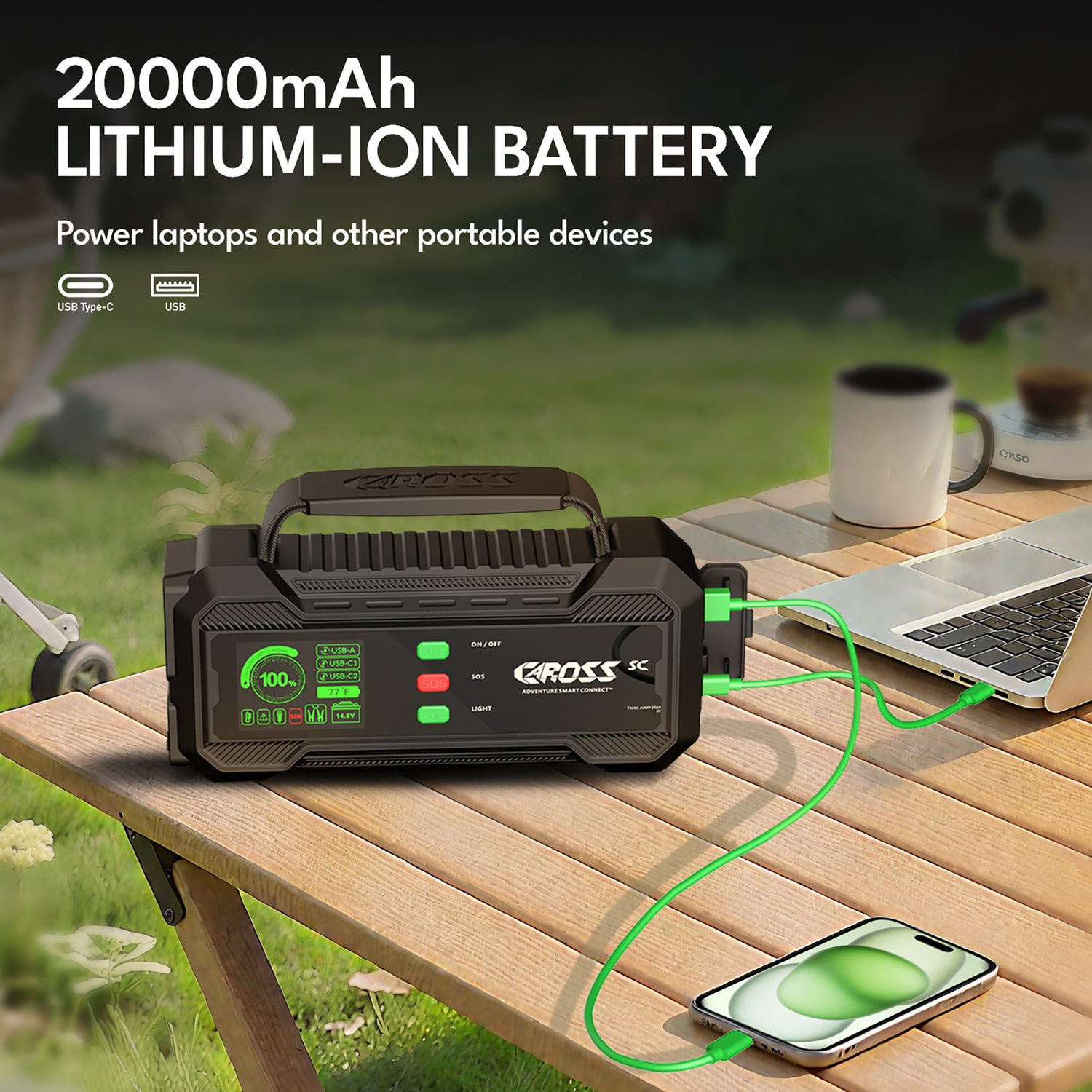 CAROSS T32SC Portable Car Jump Starter and USB Power Bank with 2000-Amp Peak, Smart Jumper Clamps, LED Light, IP65, and PD Fast Charger