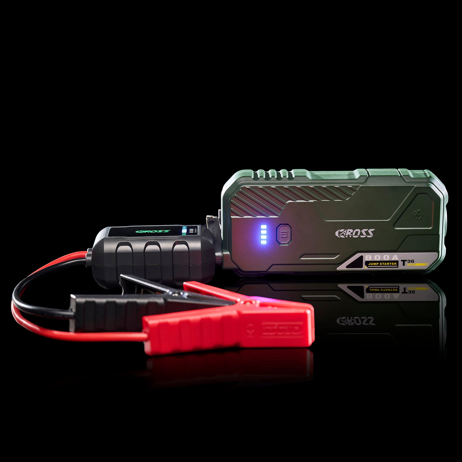 CAROSS T36 Portable Car Jump Starter and USB Power Bank with 800-Amp Peak, Advanced Protection Jumper Clamps, LED Light, and QC Fast Charger, Green