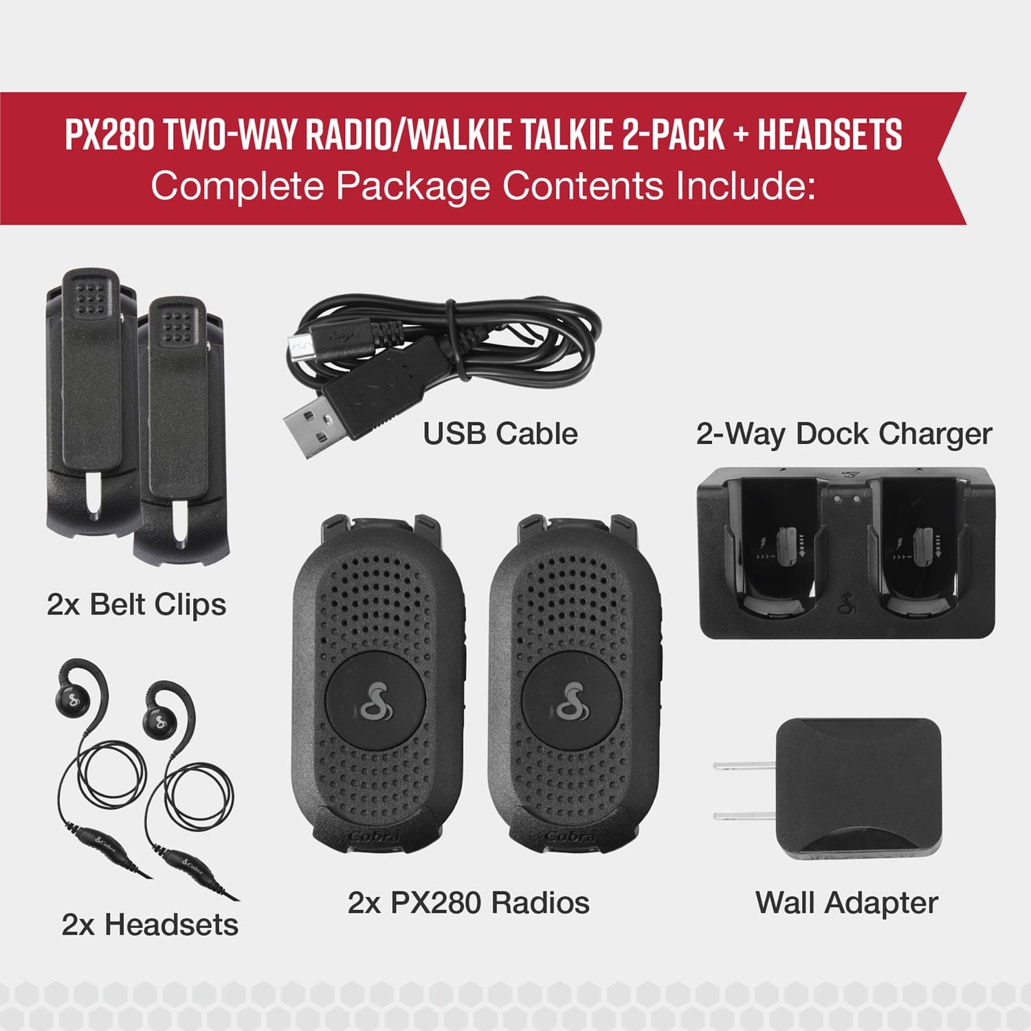 Cobra PX280 Compact 2-Way Handheld Business Radio with Dual-Dock Charger and Headset, 2 Pack