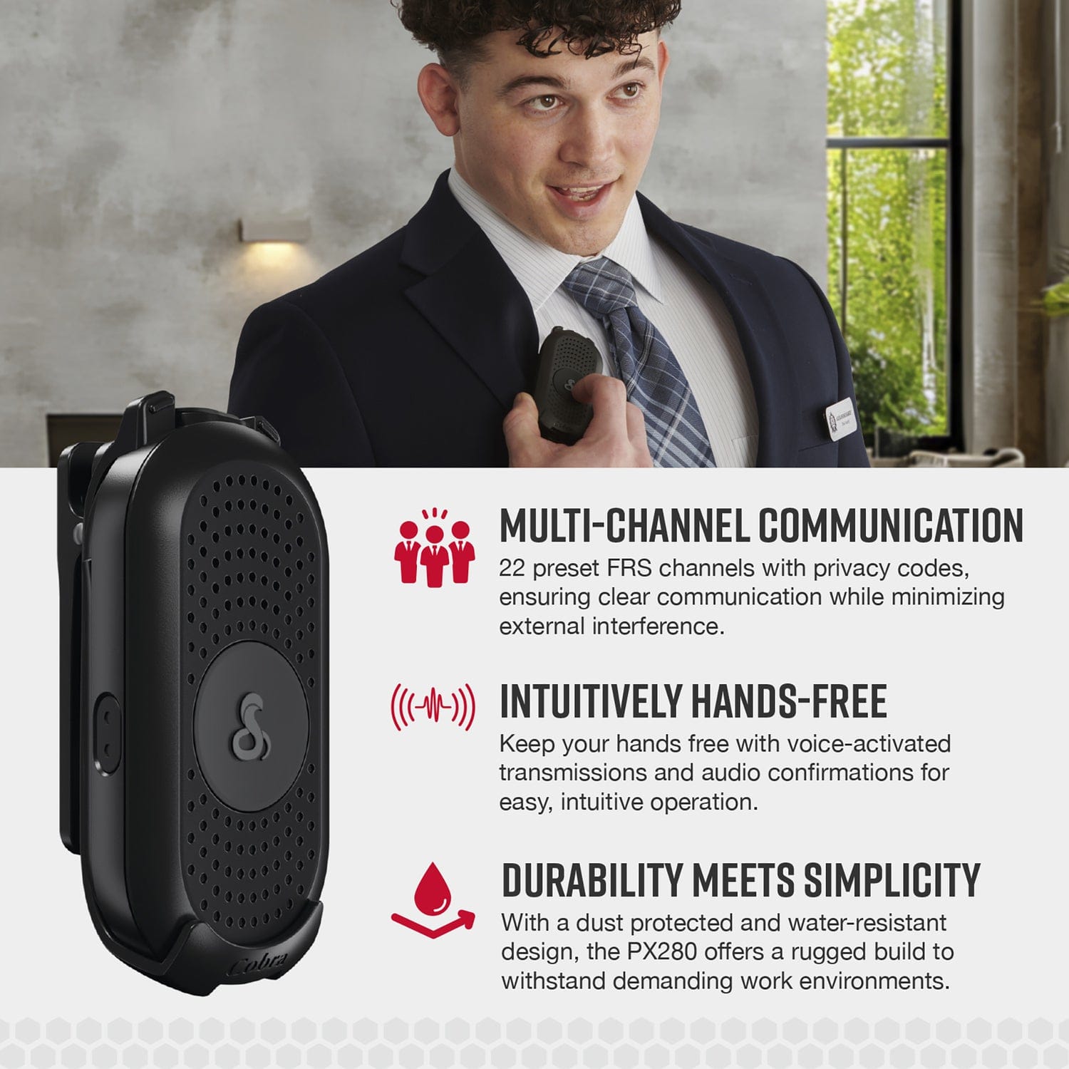 Cobra PX280 Compact 2-Way Handheld Business Radio with Dual-Dock Charger and Headset, 2 Pack