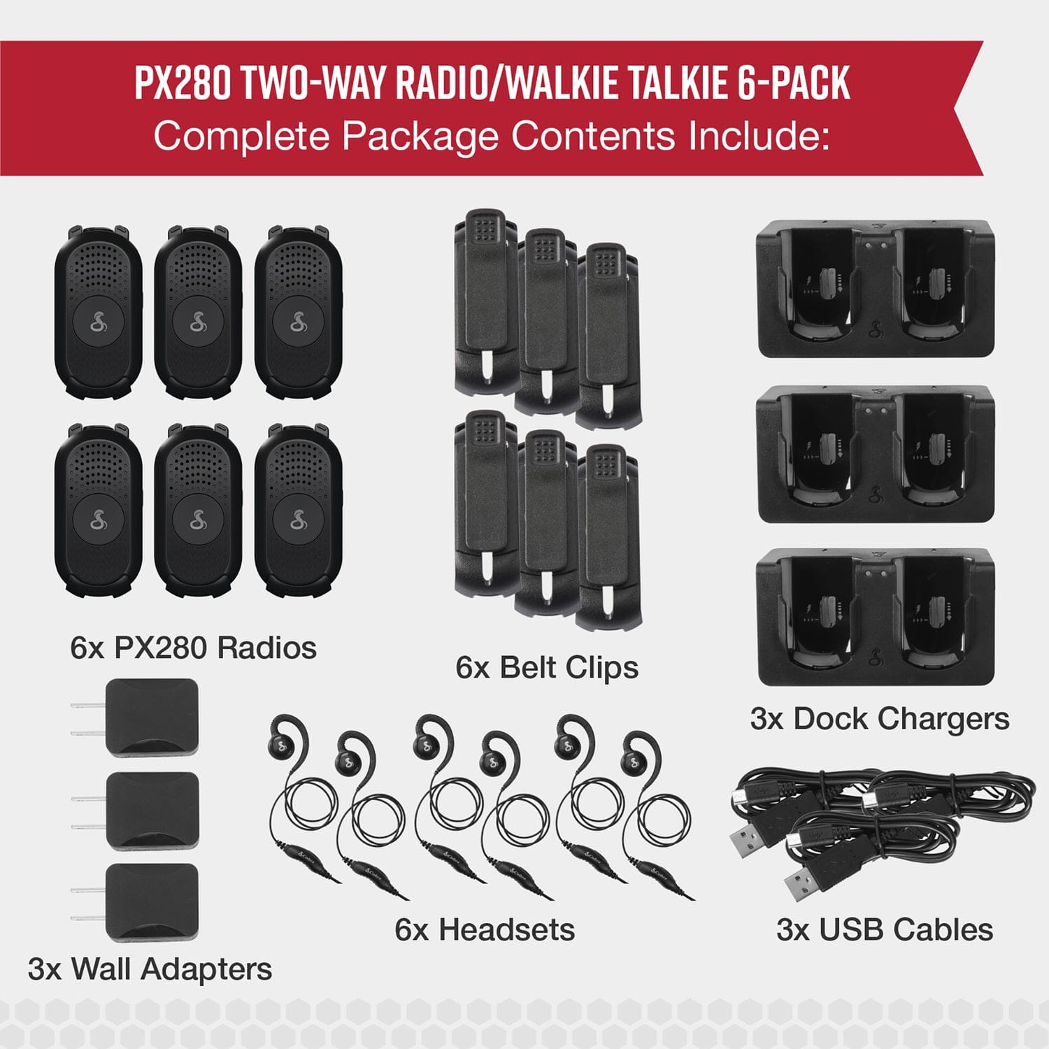 Cobra PX280 Compact 2-Way Handheld Business Radio with Dual-Dock Charger and Headset, 6 Pack