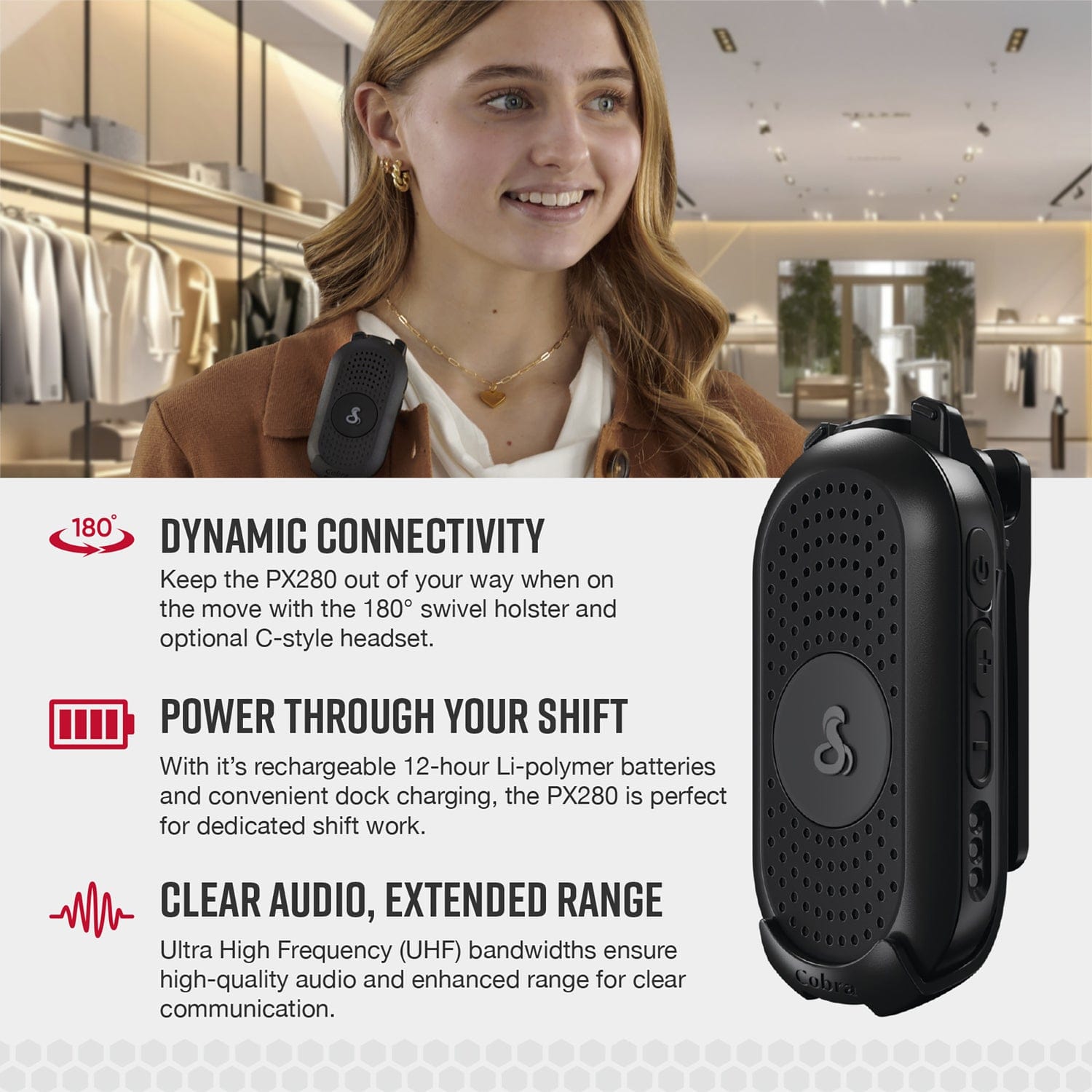 Cobra PX280 Compact 2-Way Handheld Business Radio with Dual-Dock Charger and Headset, 6 Pack