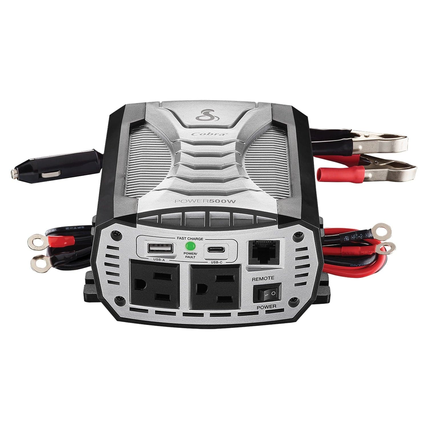 Cobra 2-AC Outlet and 2-USB Port 500-Continuous-Watt Vehicle Power Inverter with 12-Volt Adapter Cord and Battery Power Cables, CPI500W