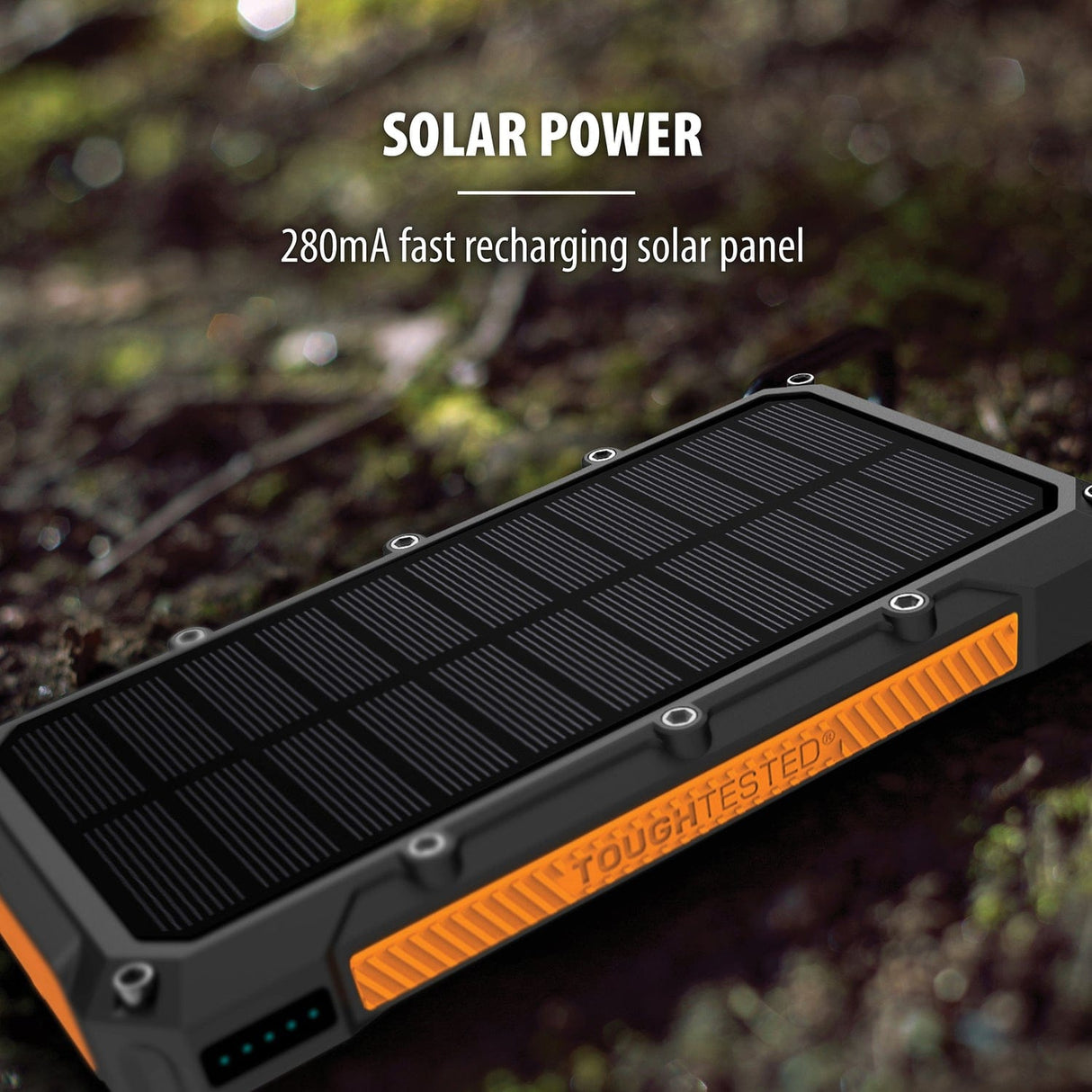 ToughTested 16000-mAh Triple-Port USB, USB QC 3.0, and USB-C Waterproof Solar Charger and Wireless Portable Power Bank with Flashlight