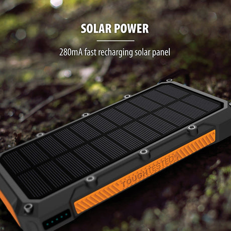 ToughTested 16000-mAh Triple-Port USB, USB QC 3.0, and USB-C Waterproof Solar Charger and Wireless Portable Power Bank with Flashlight