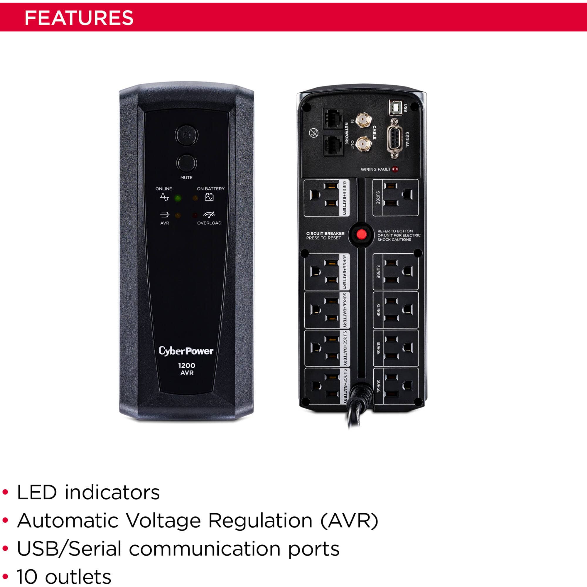 CyberPower AVR 1200VA/720W 8 Outlets, USB Mini-Tower UPS - New Battery Certified Refurbished