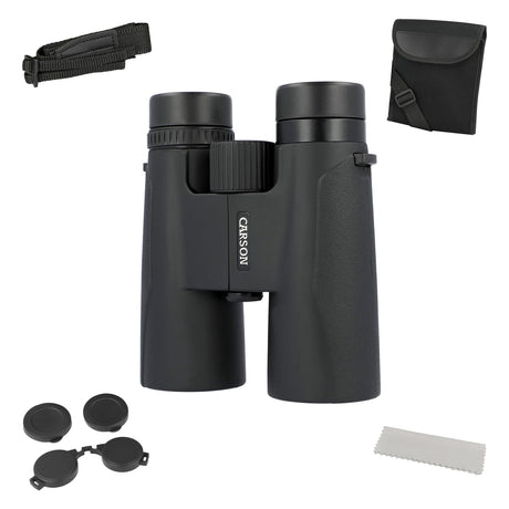 Carson Makalu 10x42 Full-Size Roof-Prism Binoculars with Strap, Pouch, Caps, and Cleaning Cloth for Birding, Hiking, and Outdoor Use