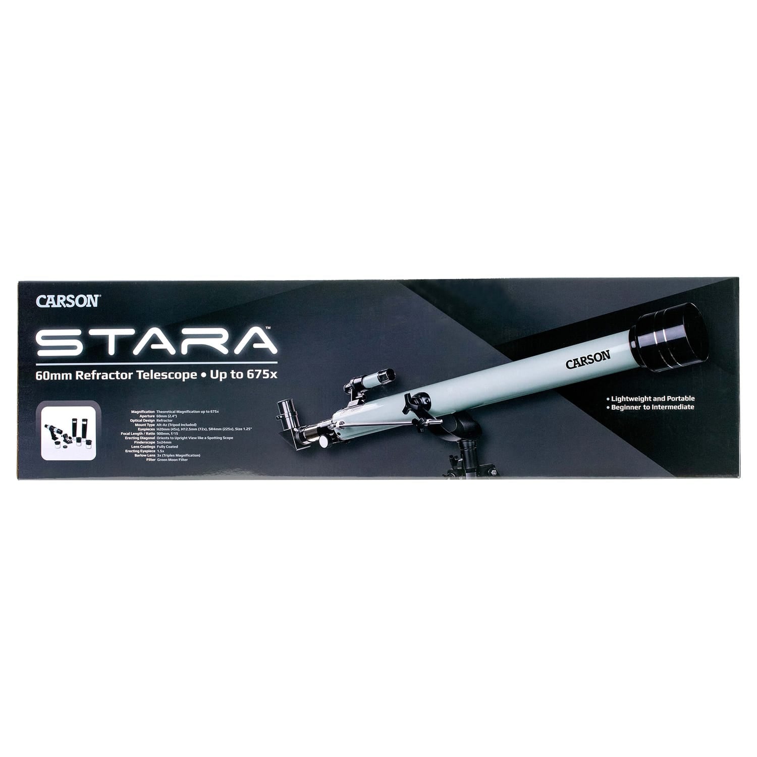 Carson STARA SR-100 60-mm Aperture 45-mm to 675-mm Focal Length Refractor Telescope with 7-Piece Accessory Kit