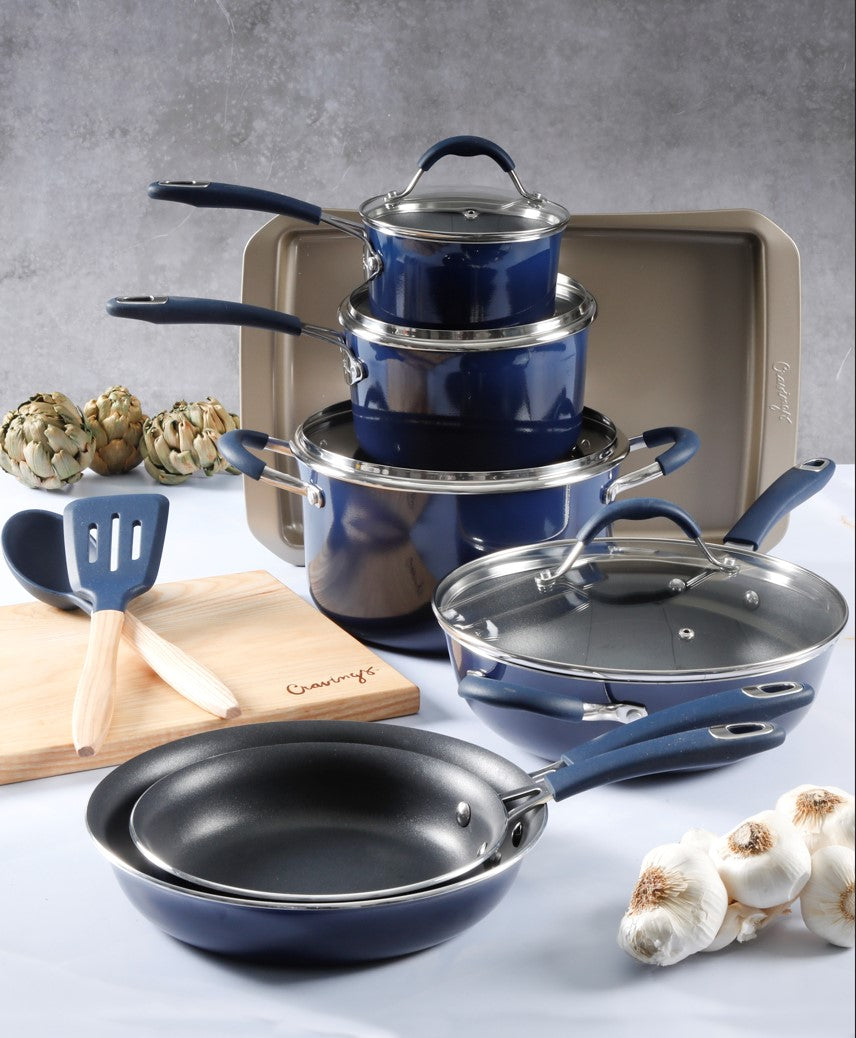 Cravings by Chrissy Teigen CTG124042.14 14 Pieces Nonstick Aluminum Cookware Set, Blue