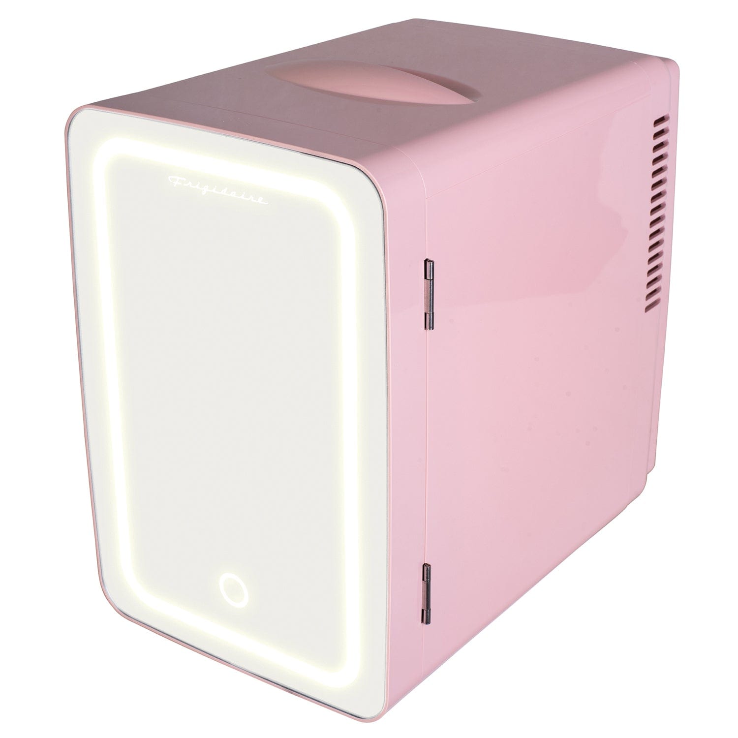 Frigidaire 6.5-Liter 9-Can Mini Portable Personal Fridge with Lighted Mirror Door, Pink