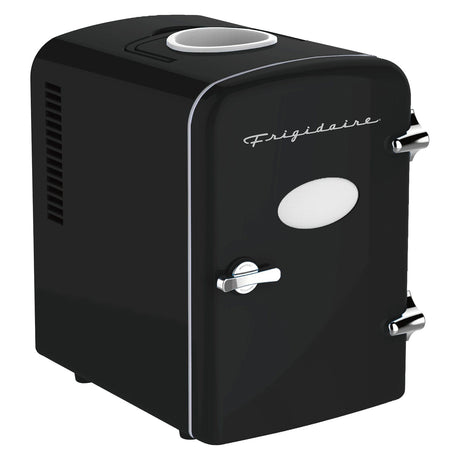 Frigidaire 6+1-Can 48-Watt Retro Mini Portable Fridge with Top-Mounted Active-Cooling Can Holder, Black
