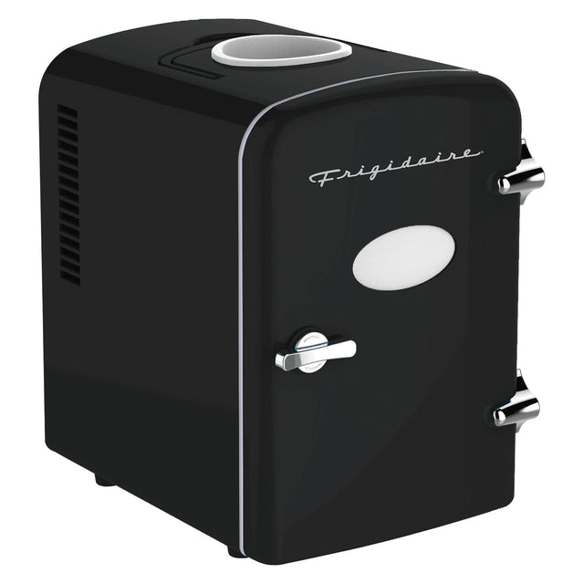 Frigidaire 6+1-Can 48-Watt Retro Mini Portable Fridge with Top-Mounted Active-Cooling Can Holder, Black