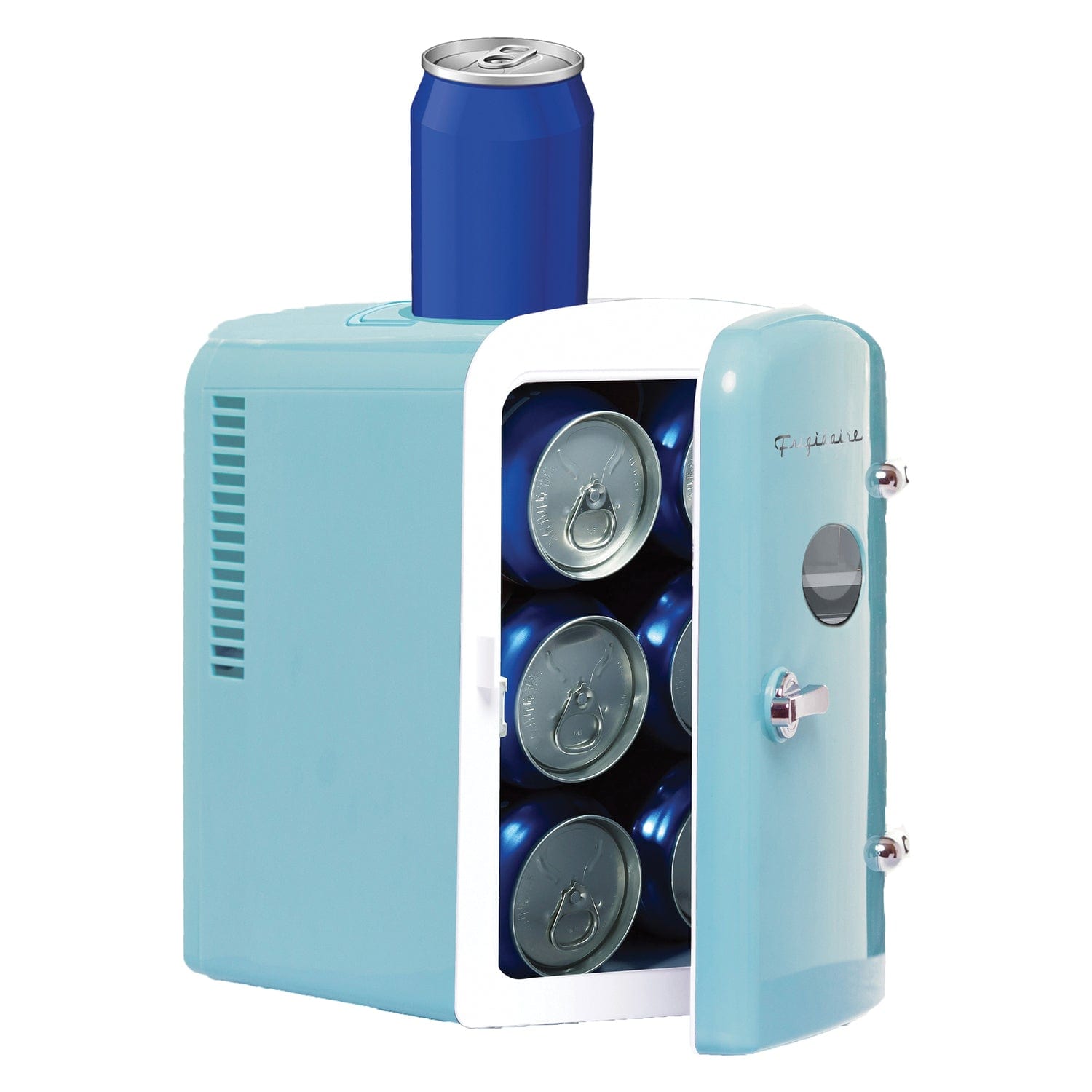 Frigidaire 6+1-Can 48-Watt Retro Mini Portable Fridge with Top-Mounted Active-Cooling Can Holder, Blue