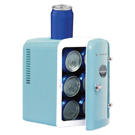 Frigidaire 6+1-Can 48-Watt Retro Mini Portable Fridge with Top-Mounted Active-Cooling Can Holder, Blue