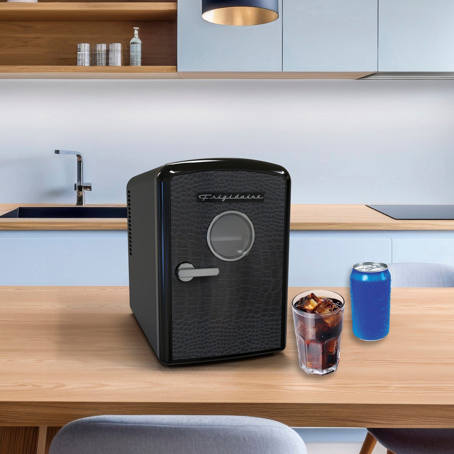 Frigidaire 9-Can Mini Fridge Cooler, Crocodile Door, Black
